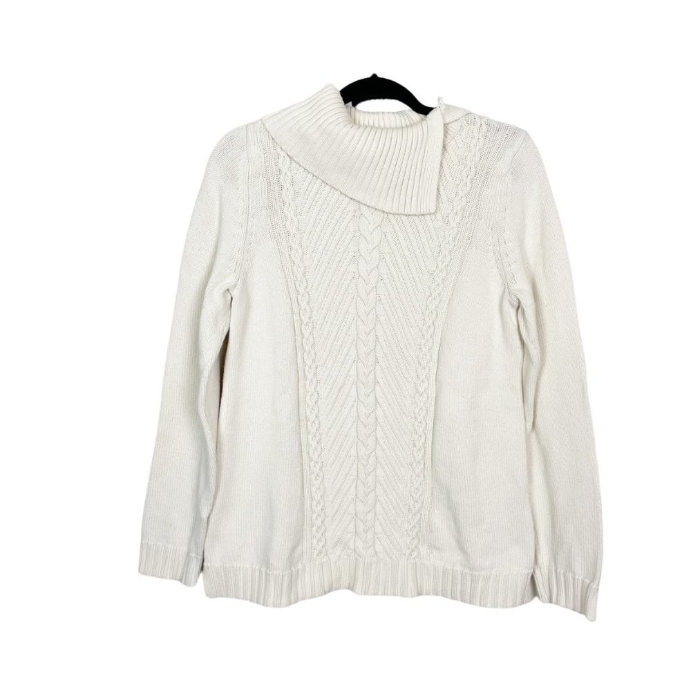 Talbots Woman's Sz M Cream Cable Knit Fold Over Neck Thick Winter Sweater